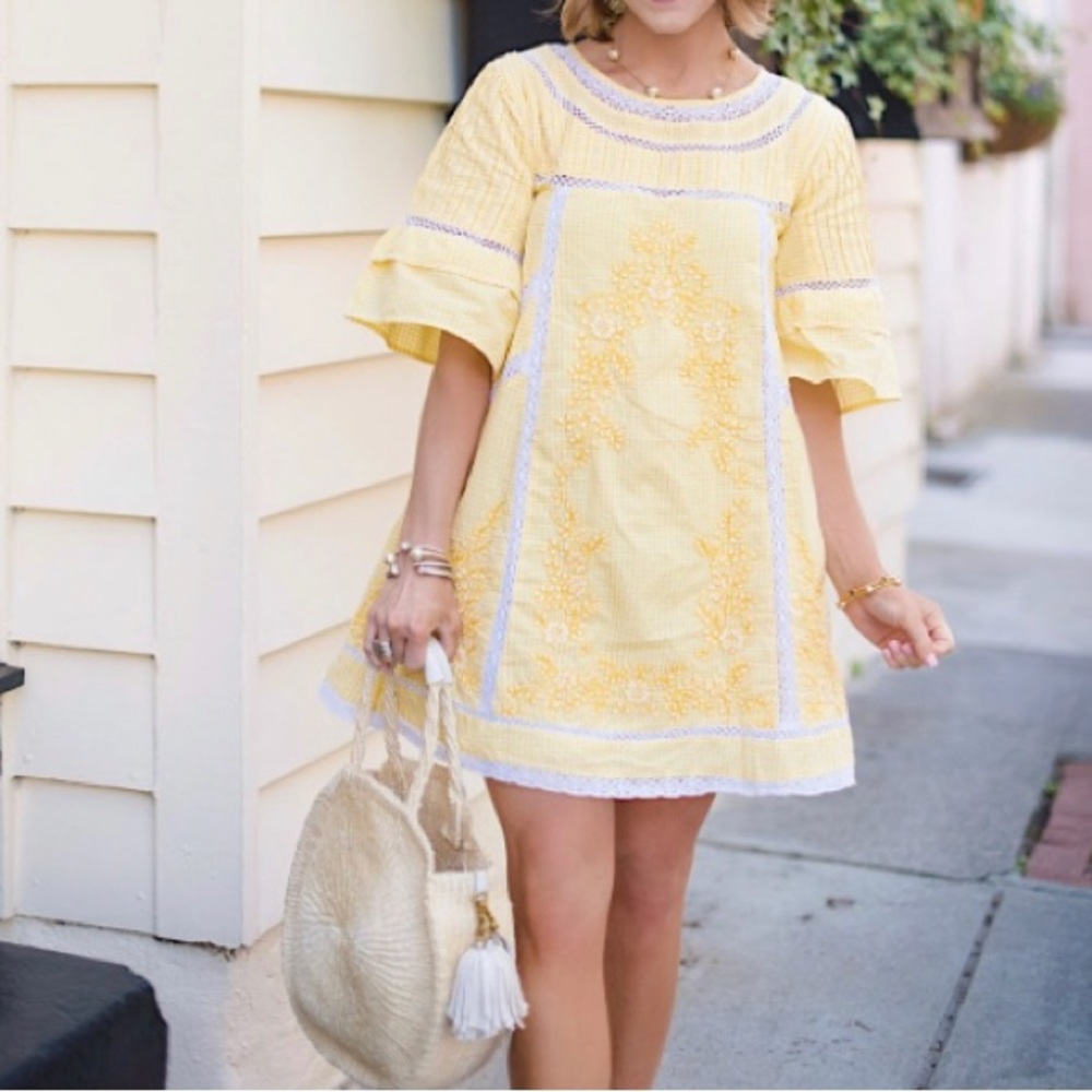 Free People Sunny Day Embroidered Dress in Butter Yellow S